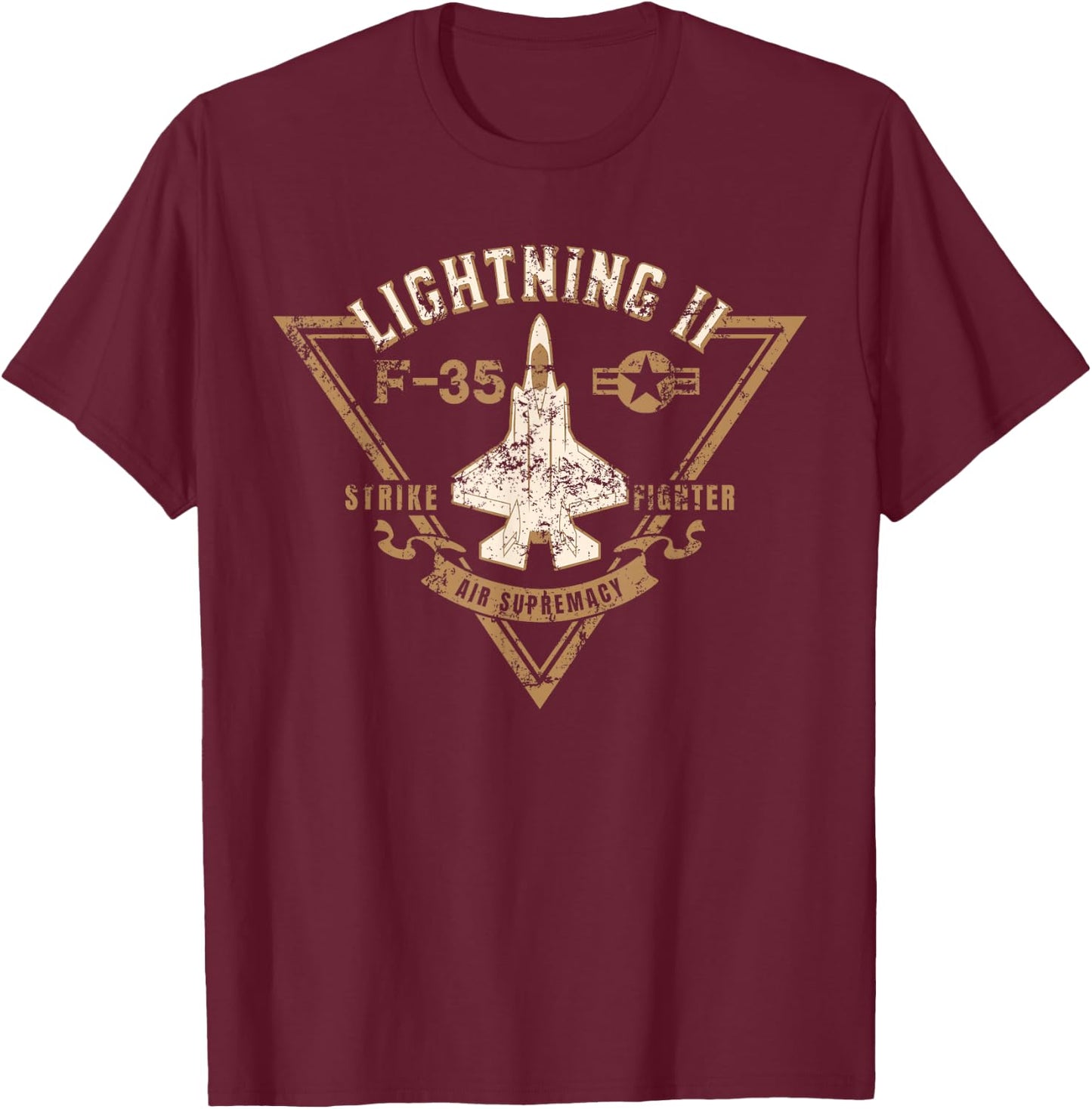F-35 Lightning II Jet Fighter Military Aircraft Distressed T-Shirt - T-Shirt | Maroon