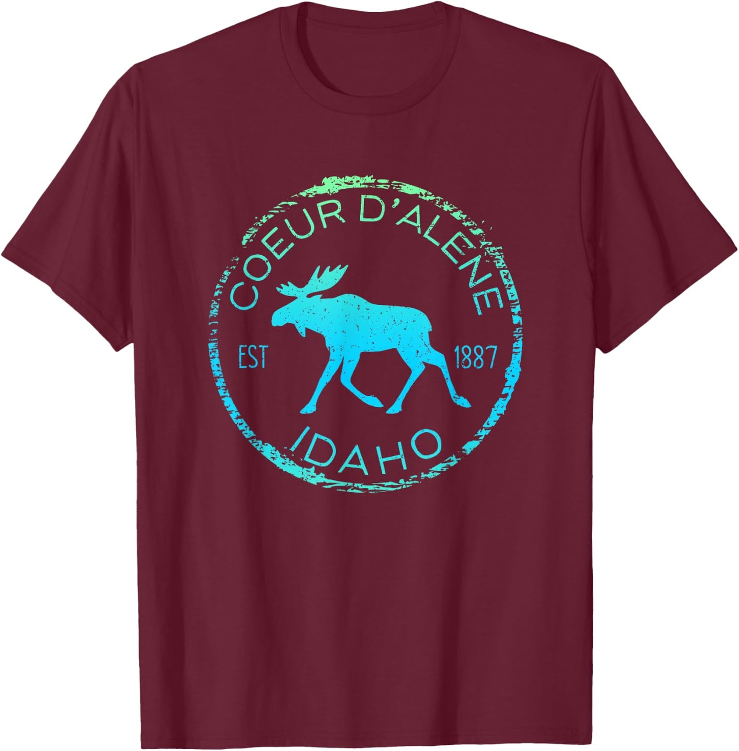 Coeur d'Alene Moose Design Weathered Idaho Souvenir Hiking T-Shirt - T-Shirt | Maroon