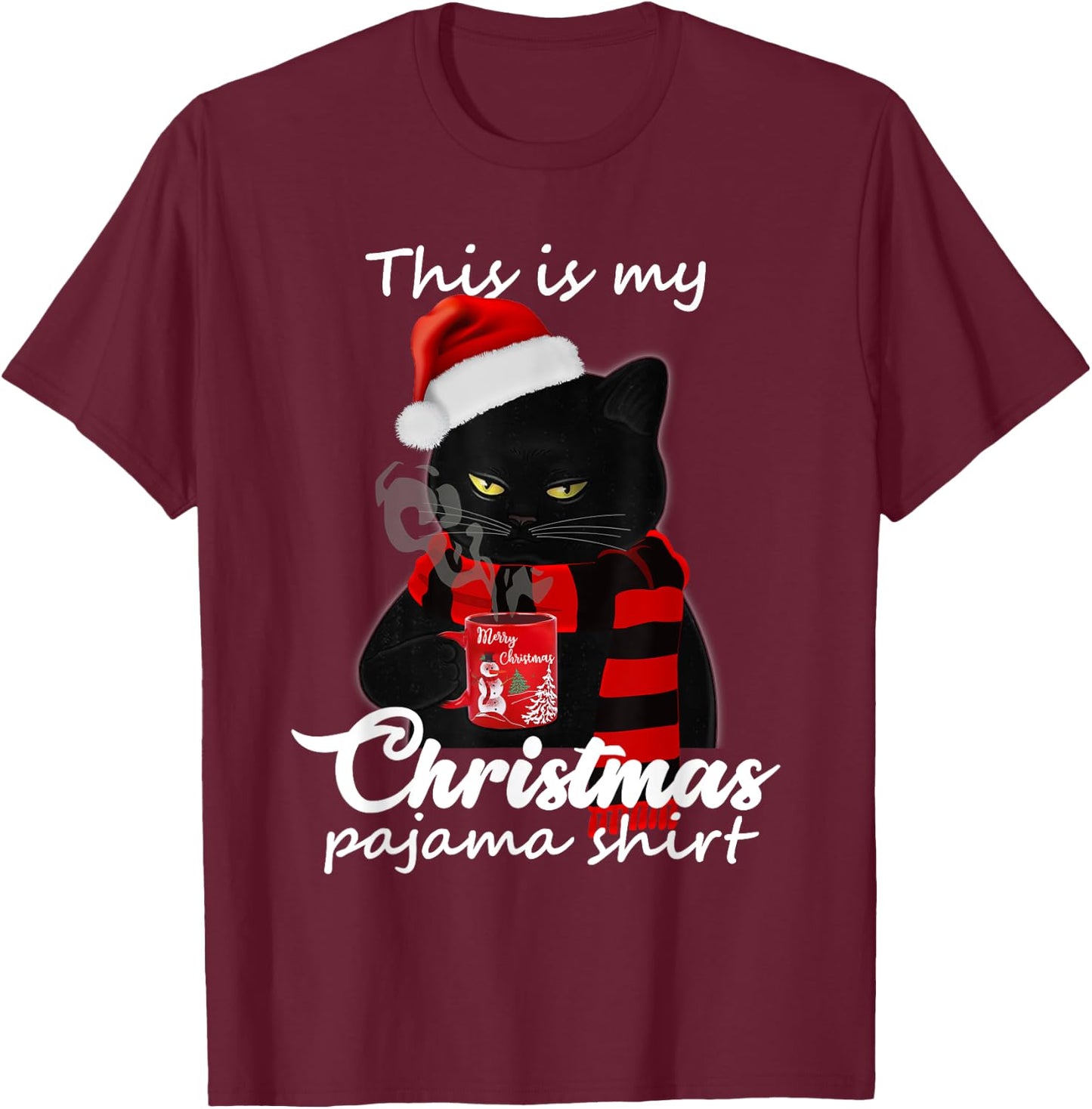 This Is My Christmas Pajama Shirt Funny Cat and Coffee Lover T-Shirt - T-Shirt | Maroon