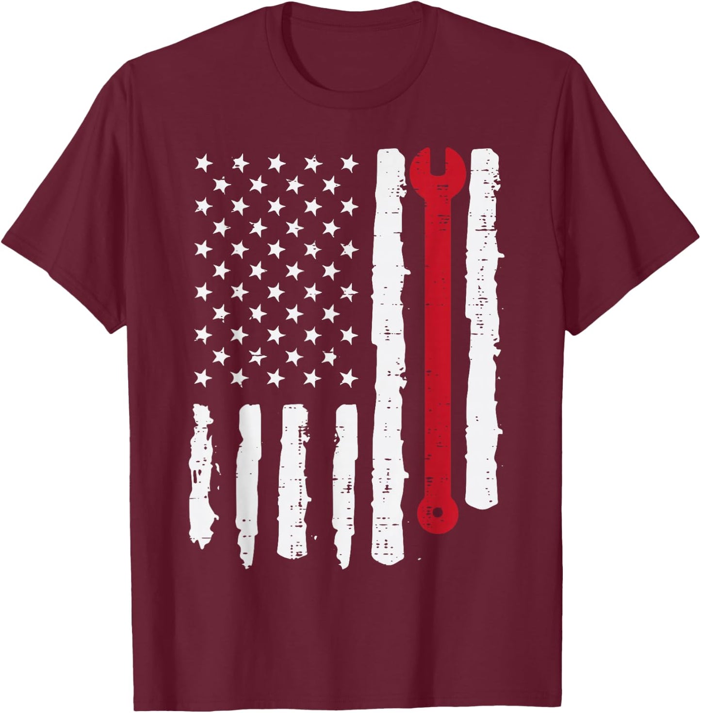 USA Flag Wrench Car Auto Mechanic Garage Patriotic Men Dad T-Shirt - T-Shirt | Maroon