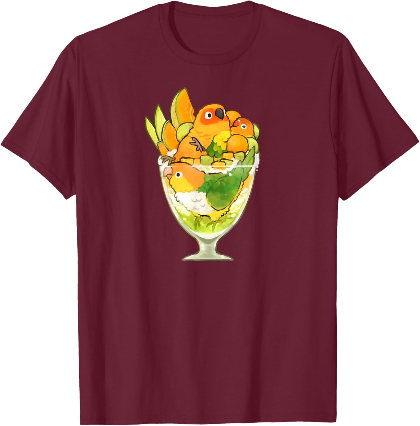Bird Parfait (Orange) Sun Conure Caique Lovebird T-Shirt - T-Shirt | Maroon