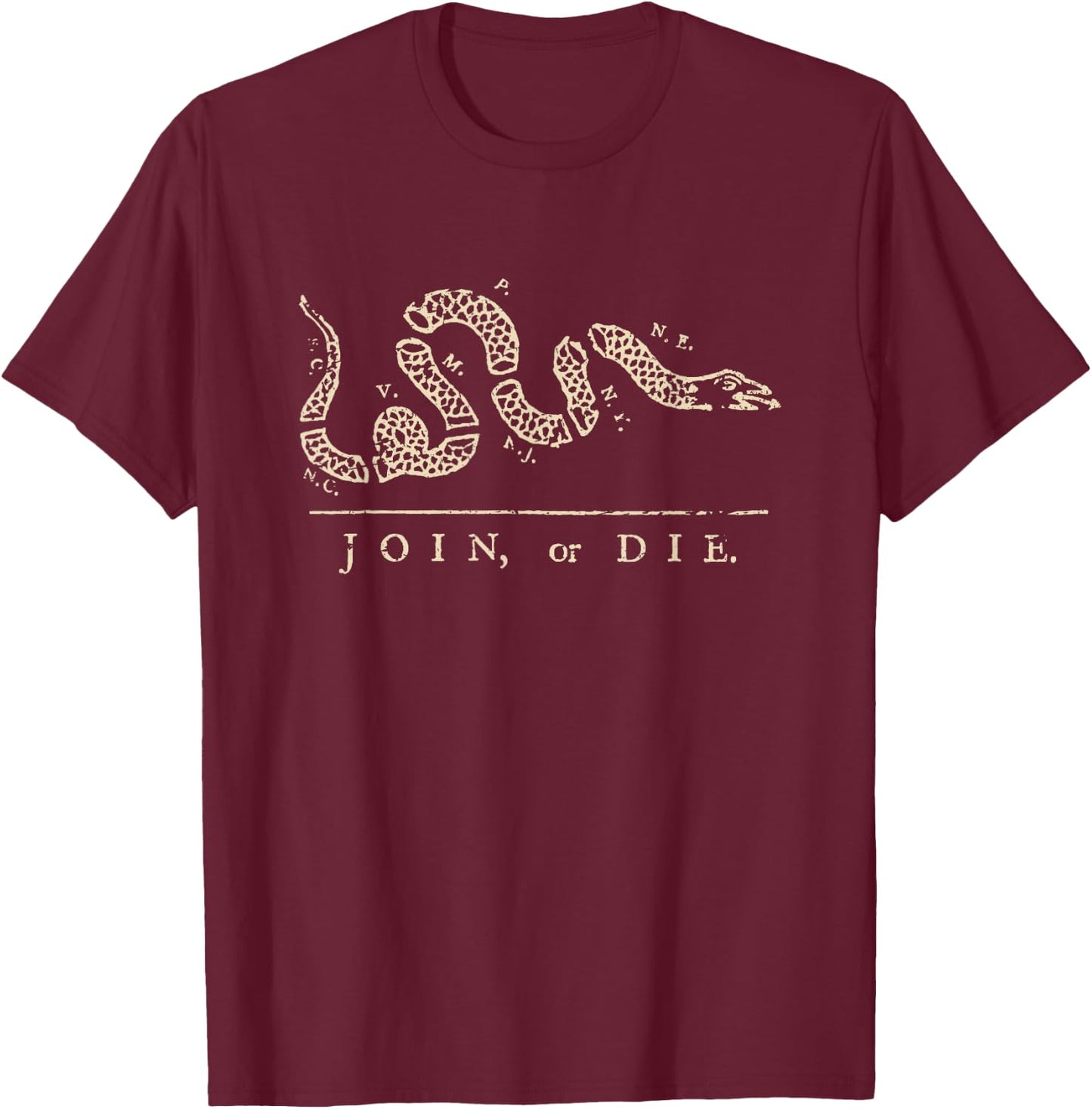 Vintage United States Ben Franklin 1754 Join or Die Snake T-Shirt - T-Shirt | Maroon
