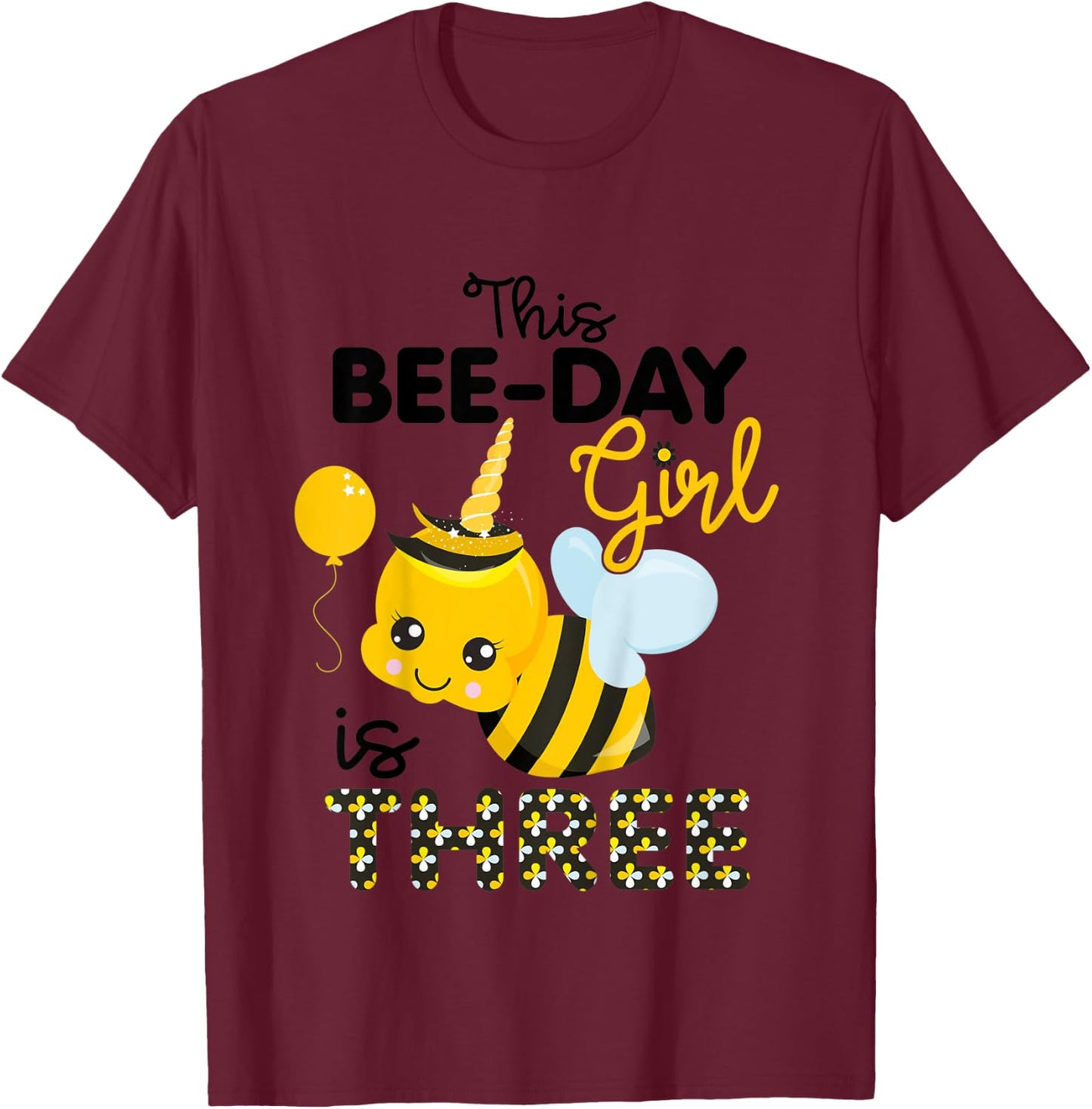 Kids 3rd Birthday Girl Bee Themed 3 Year Old Bday Matching Party T-Shirt - T-Shirt | Maroon