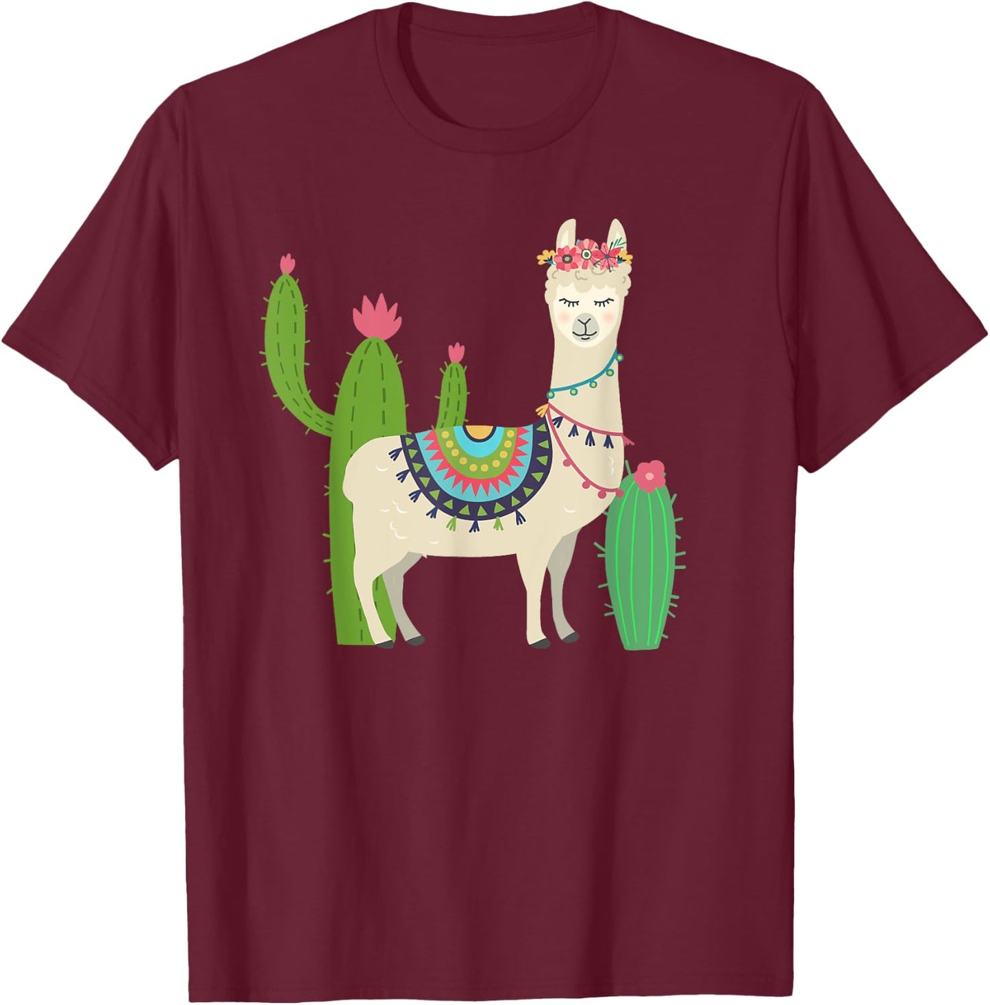 Cute Llama With Flower & Cactus / Llama Lover Gift T-Shirt - T-Shirt | Maroon