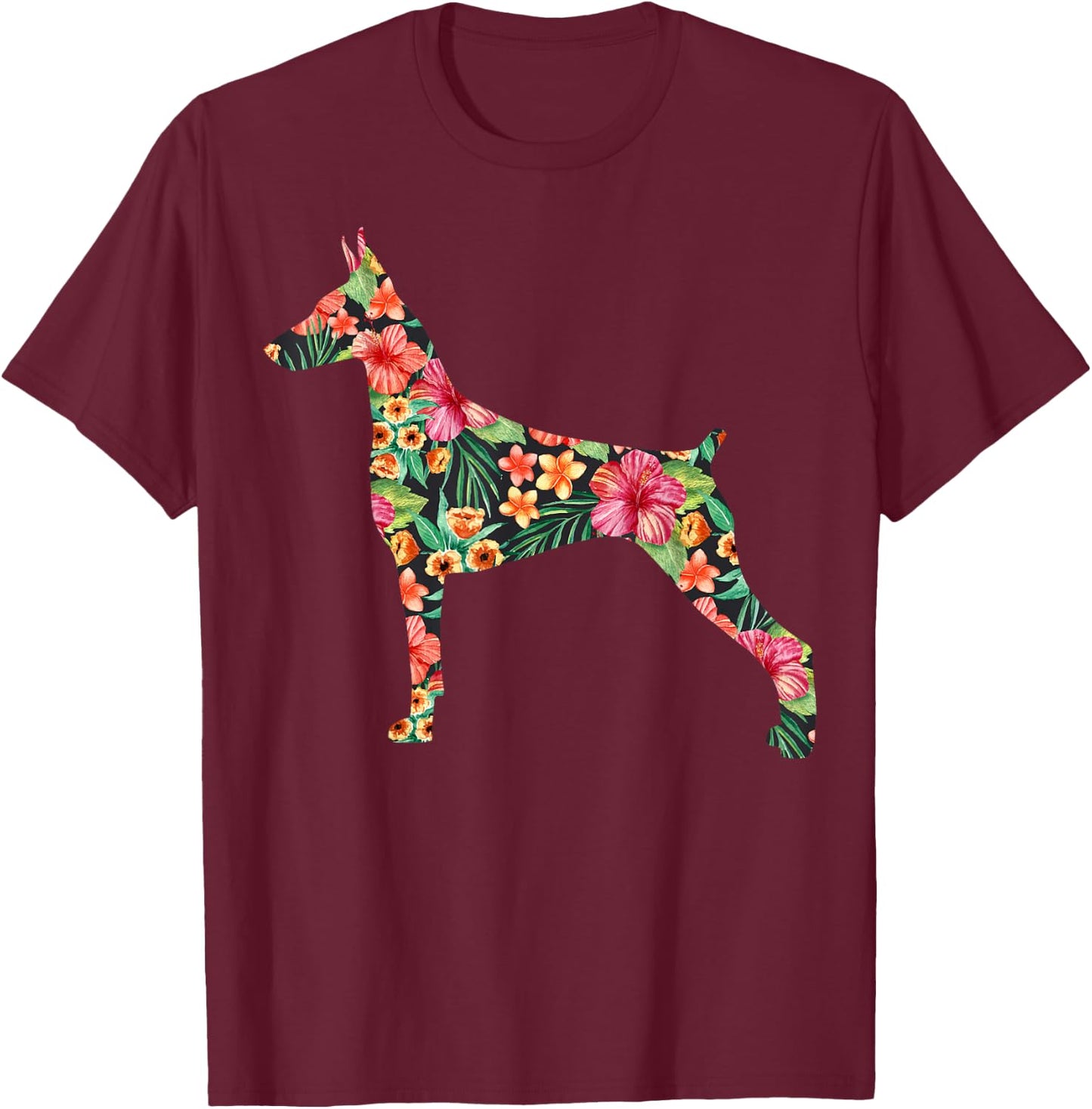 Doberman Flower Funny Dog Silhouette Floral Gifts Women Men T-Shirt - T-Shirt | Maroon