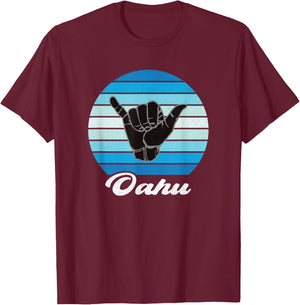 Oahu Hawaii Shaka Aloha Hawaiian Hang Loose Retro Vintage T-Shirt - T-Shirt | Maroon