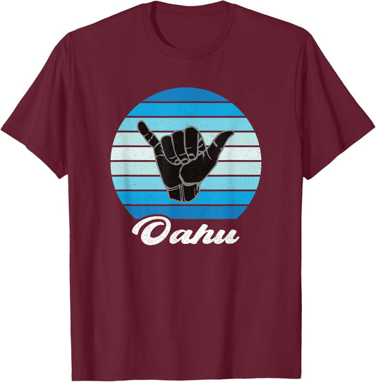 Oahu Hawaii Shaka Aloha Hawaiian Hang Loose Retro Vintage T-Shirt - T-Shirt | Maroon