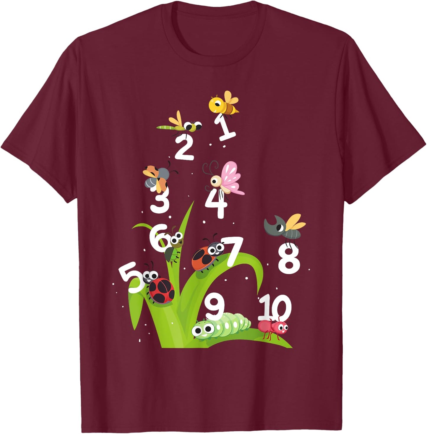 Nursery School Pre K Numbers and Insects Teachers Kids T-Shirt - T-Shirt | Maroon