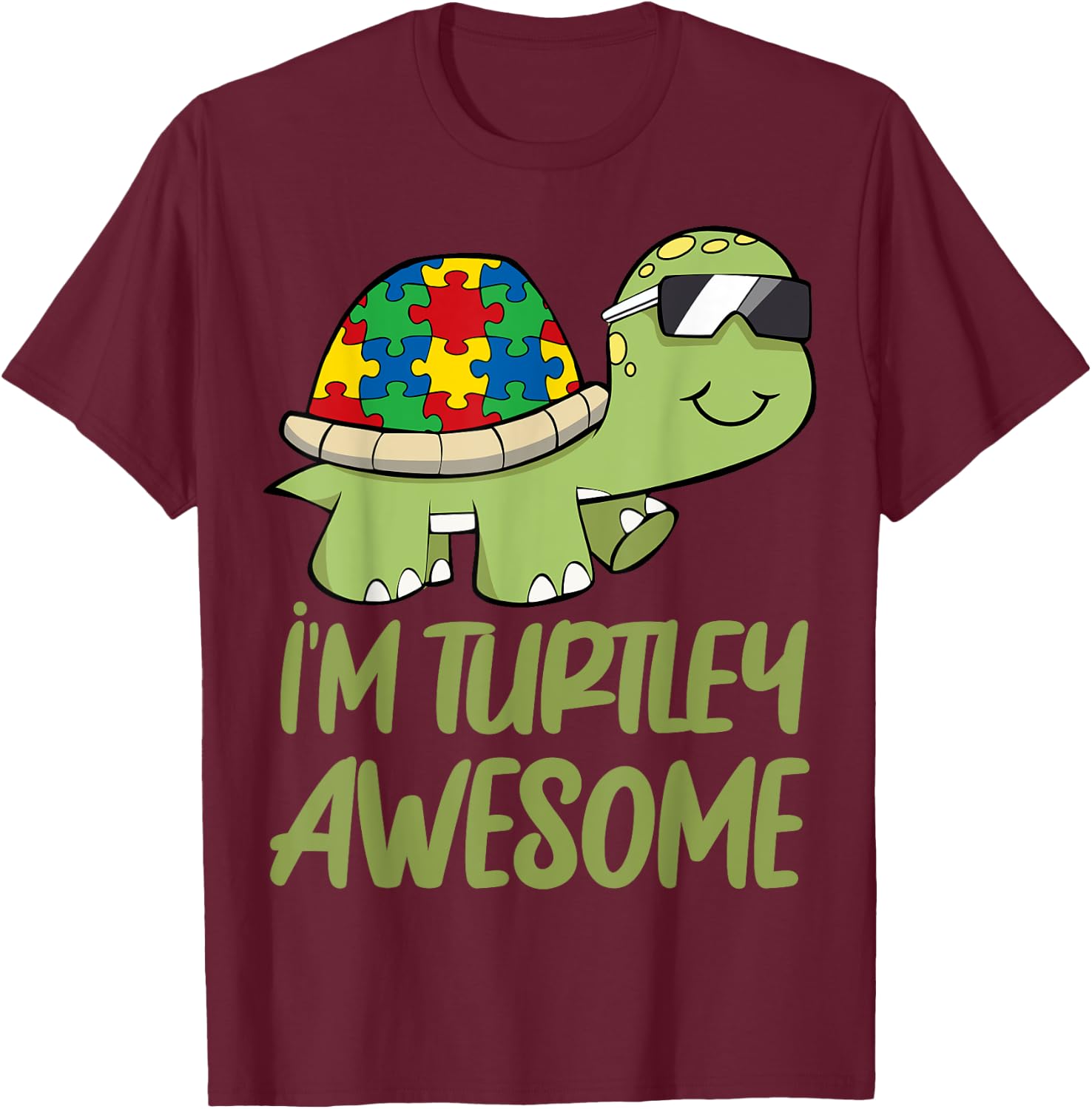 Turtle Awesome Autism Awareness Puzzle Piece T-Shirt - T-Shirt | Maroon