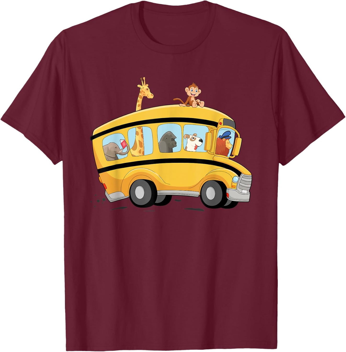 lion,Dog and Monkey in a School Bus Funny Men Women Kids T-Shirt - T-Shirt | Maroon