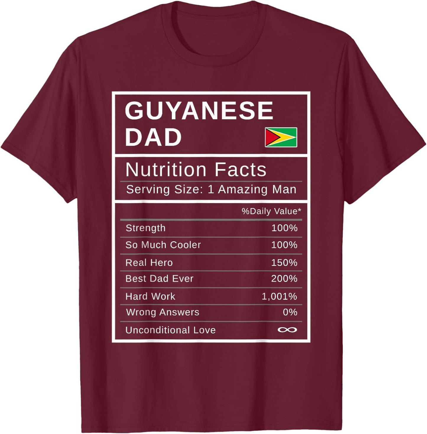 Guyanese Dad, Nutrition Facts Shirt Fathers Day Hero Gift T-Shirt - T-Shirt | Maroon