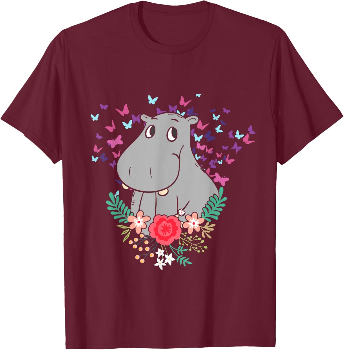 Animal Lover Butterfly Valentines Day Gift Flowers Hippo T-Shirt - T-Shirt | Maroon