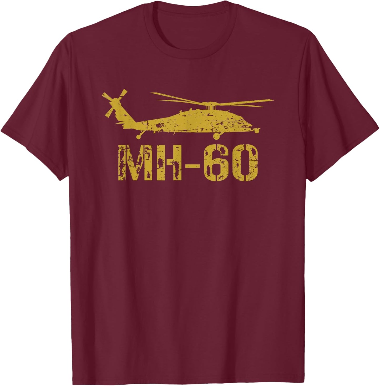 MH-60 Helicopter Aircraft Distressed Silhouette Design T-Shirt - T-Shirt | Maroon