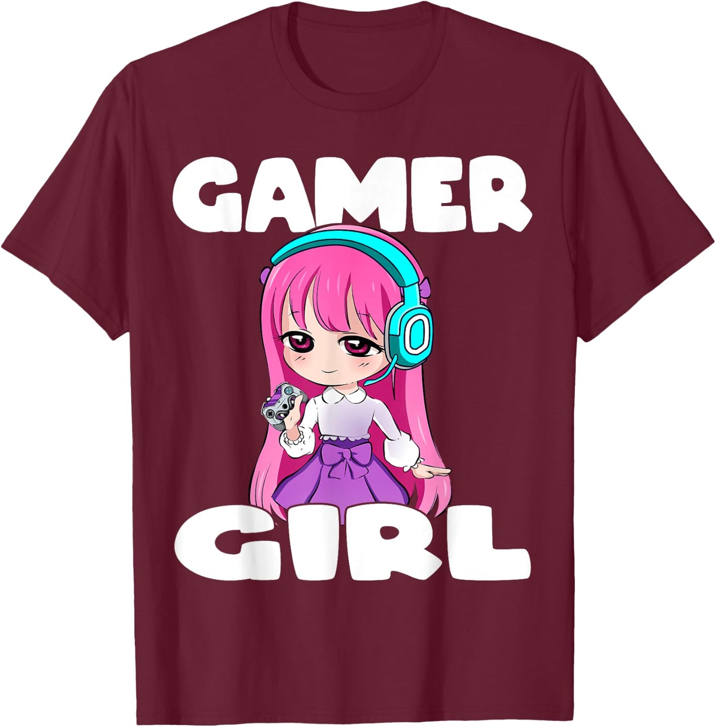 Gamer Girl Anime and Gaming Chibi Graphic Video Games T-Shirt - T-Shirt | Maroon
