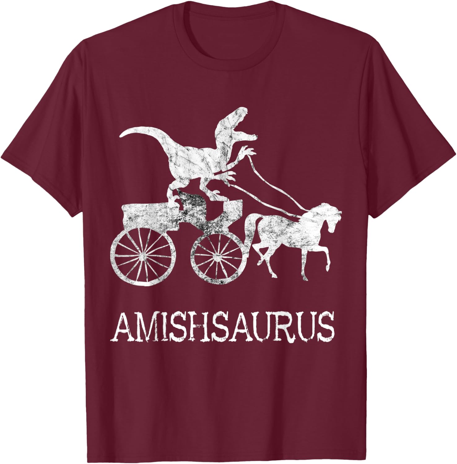 Amish Saurus Dinosaurs Horse Riding Buggy Funny Dino T-Rex T-Shirt - T-Shirt | Maroon