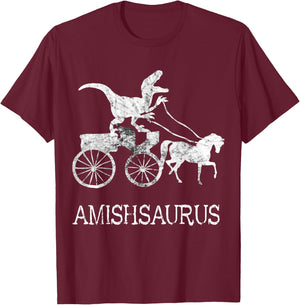 Amish Saurus Dinosaurs Horse Riding Buggy Funny Dino T-Rex T-Shirt - T-Shirt | Maroon