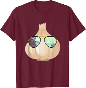 Funny Garlic With Sunglasses Design Vegetable Chef T-Shirt - T-Shirt | Maroon