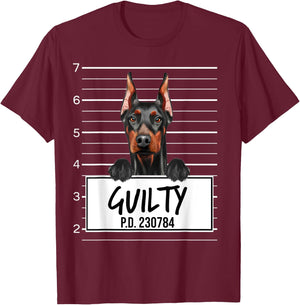 Funny Doberman Pinscher Mugshot Guilty Dog T-Shirt - T-Shirt | Maroon