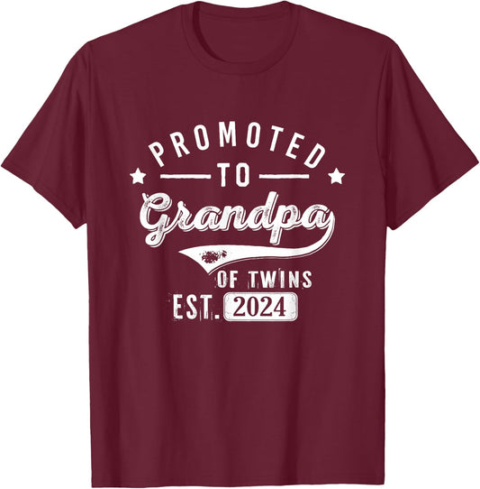 Promoted To Grandpa Of Twins Est 2024 Twin Baby Shower Daddy T-Shirt - T-Shirt | Maroon