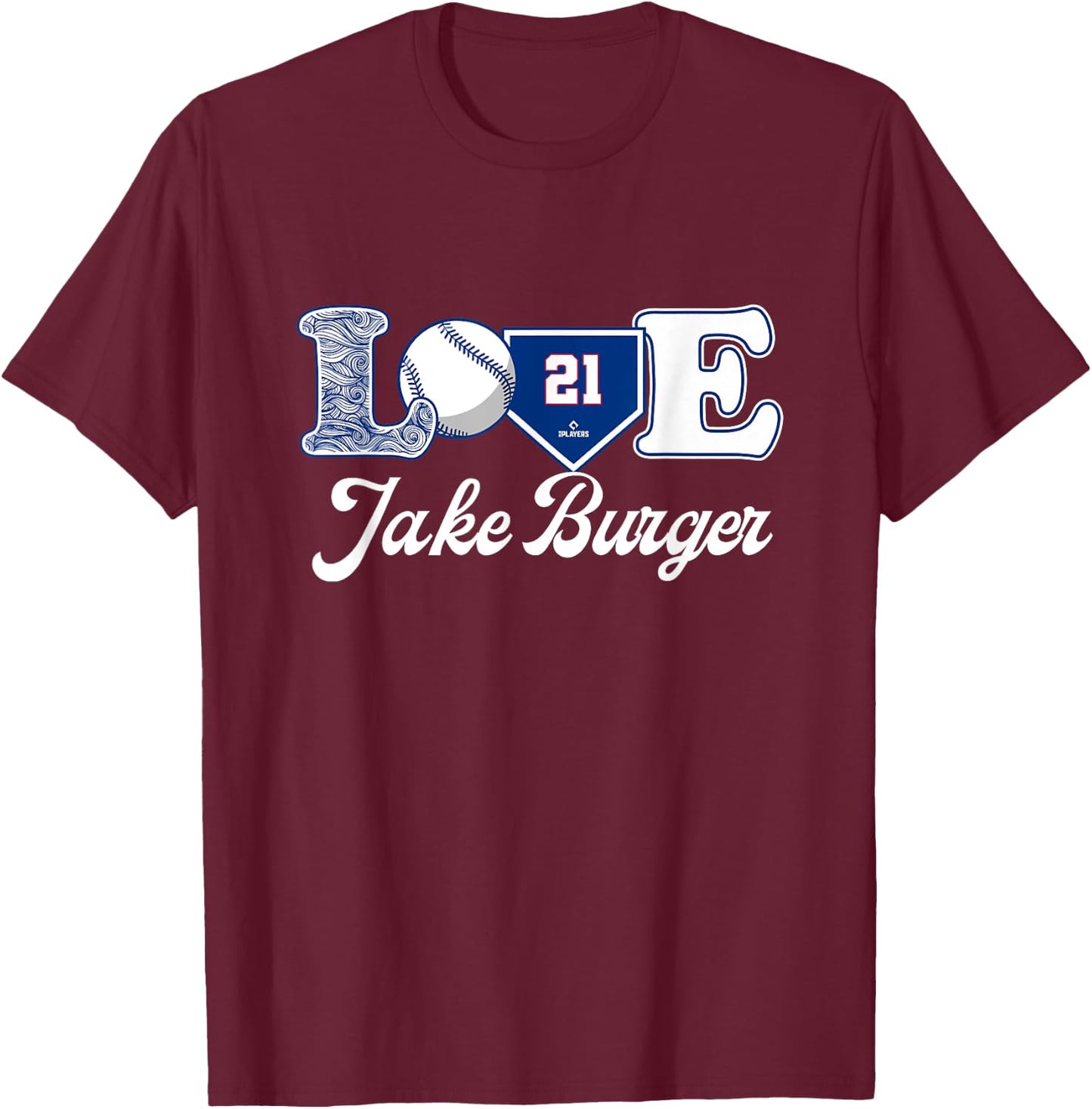 Love Jake Burger Texas Baseball MLBPA T-Shirt - T-Shirt | Maroon