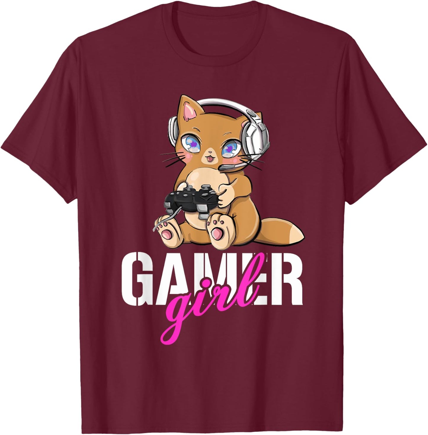 Gamer Cat Girl Gaming Cute Gamer Cats Cats And Gaming T-Shirt - T-Shirt | Maroon