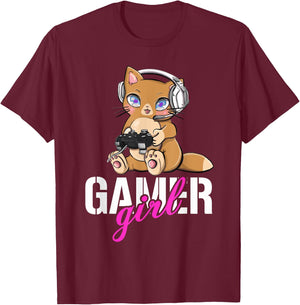 Gamer Cat Girl Gaming Cute Gamer Cats Cats And Gaming T-Shirt - T-Shirt | Maroon