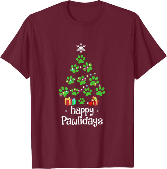 Happy Pawlidays Christmas Funny Paws T-Shirt - T-Shirt | Maroon
