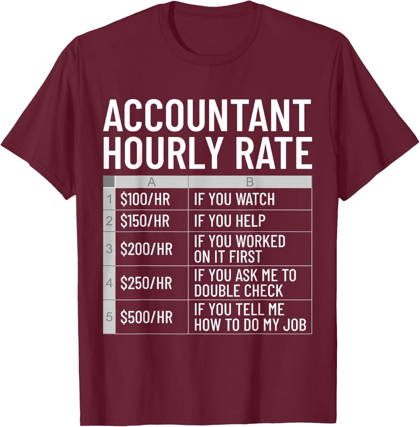 Funny Accountant Hourly Rate CPA Accounting Bookkeeping T-Shirt - T-Shirt | Maroon