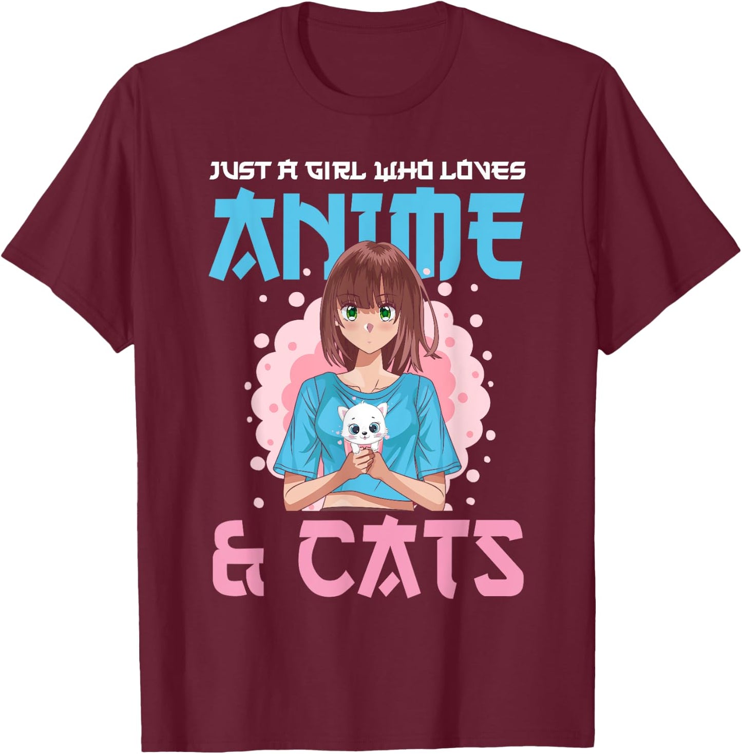 Just A Girl Who Loves Anime and Cats Cute Cat Lover Teens T-Shirt - T-Shirt | Maroon