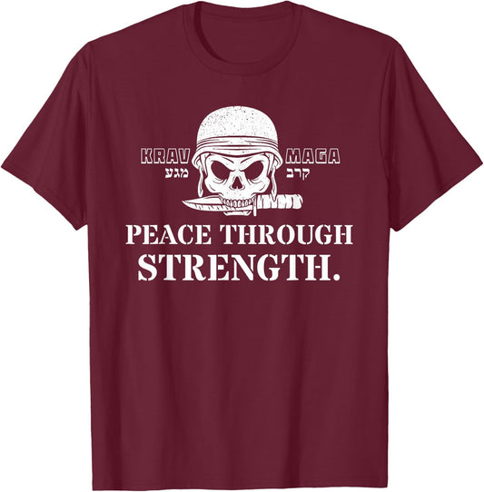 Krav Maga Hebrew Symbol Skull Army Peace through Strength T-Shirt - T-Shirt | Maroon