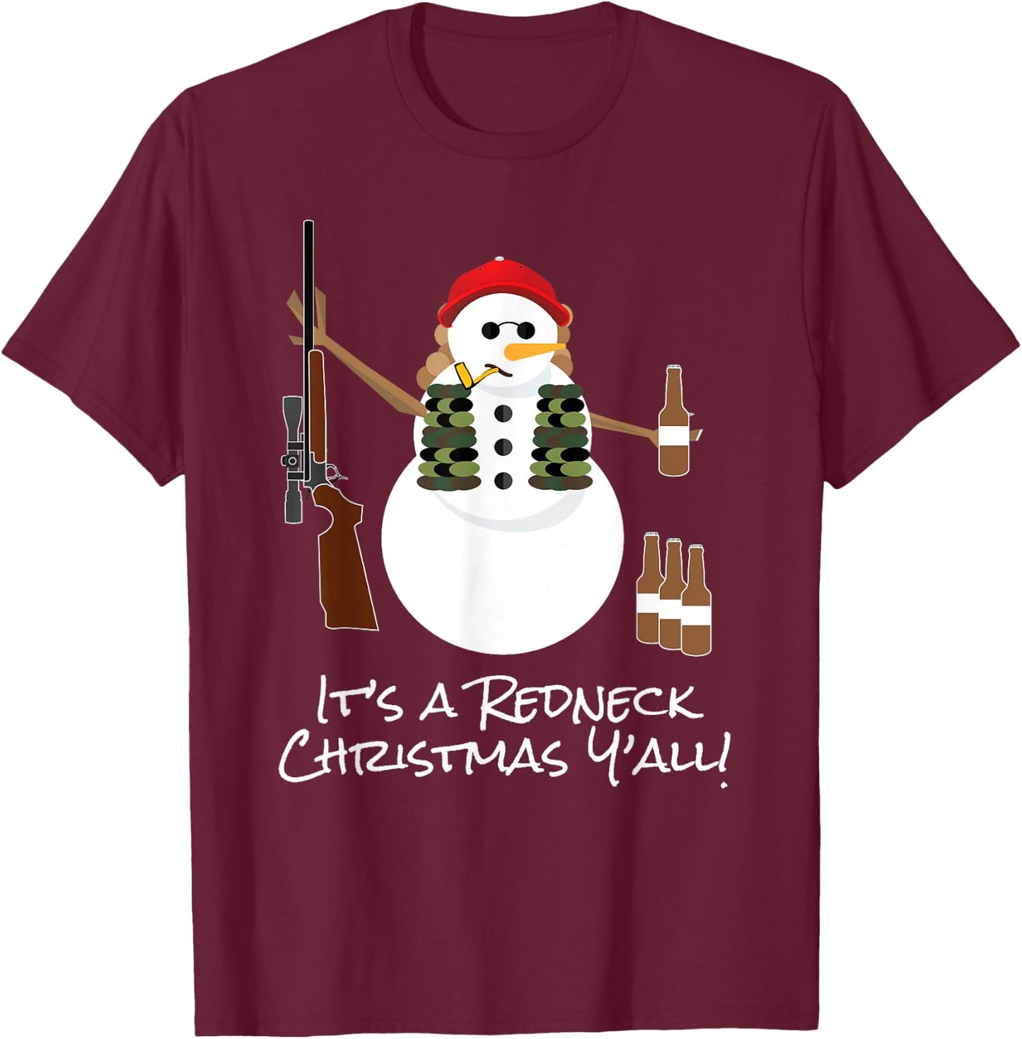 Funny Redneck Gift Snowman Beer Rifle T-Shirt - T-Shirt | Maroon