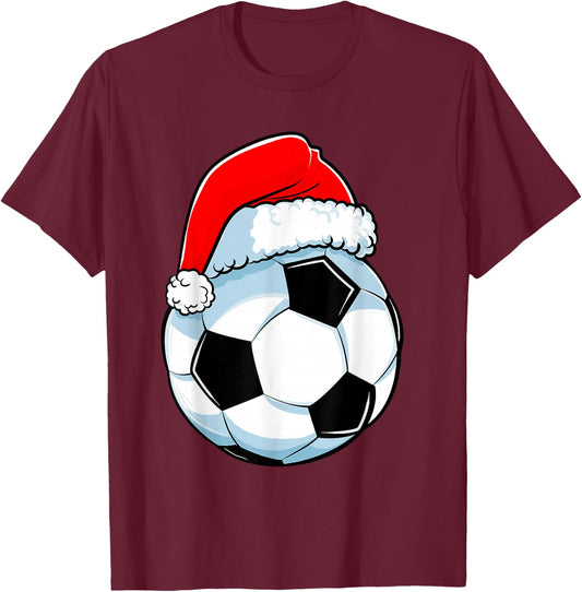 Soccer Christmas Funny Santa Hat Ball Sports Men Kids Boys T-Shirt - T-Shirt | Maroon