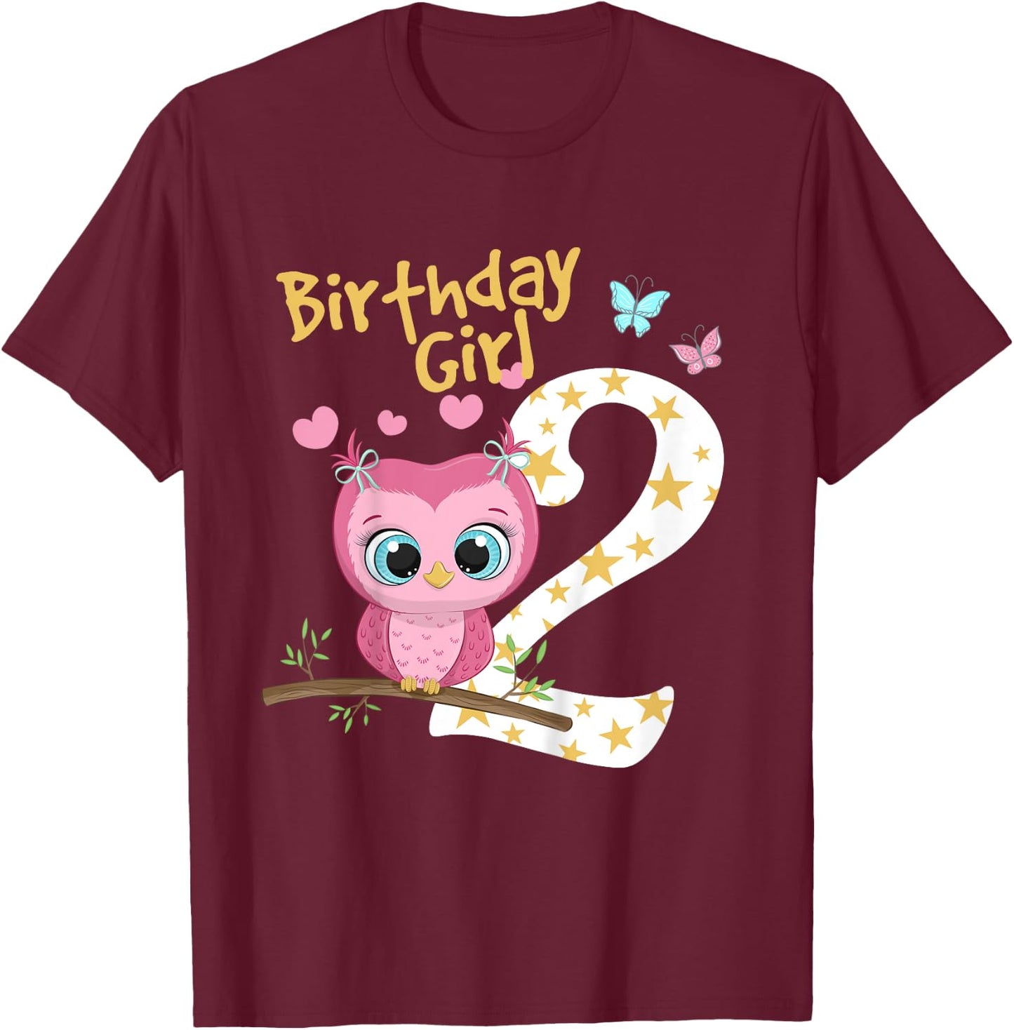 2nd Birthday Shirt For Girls Owl Birthday Girl 2 Years T-Shirt - T-Shirt | Maroon