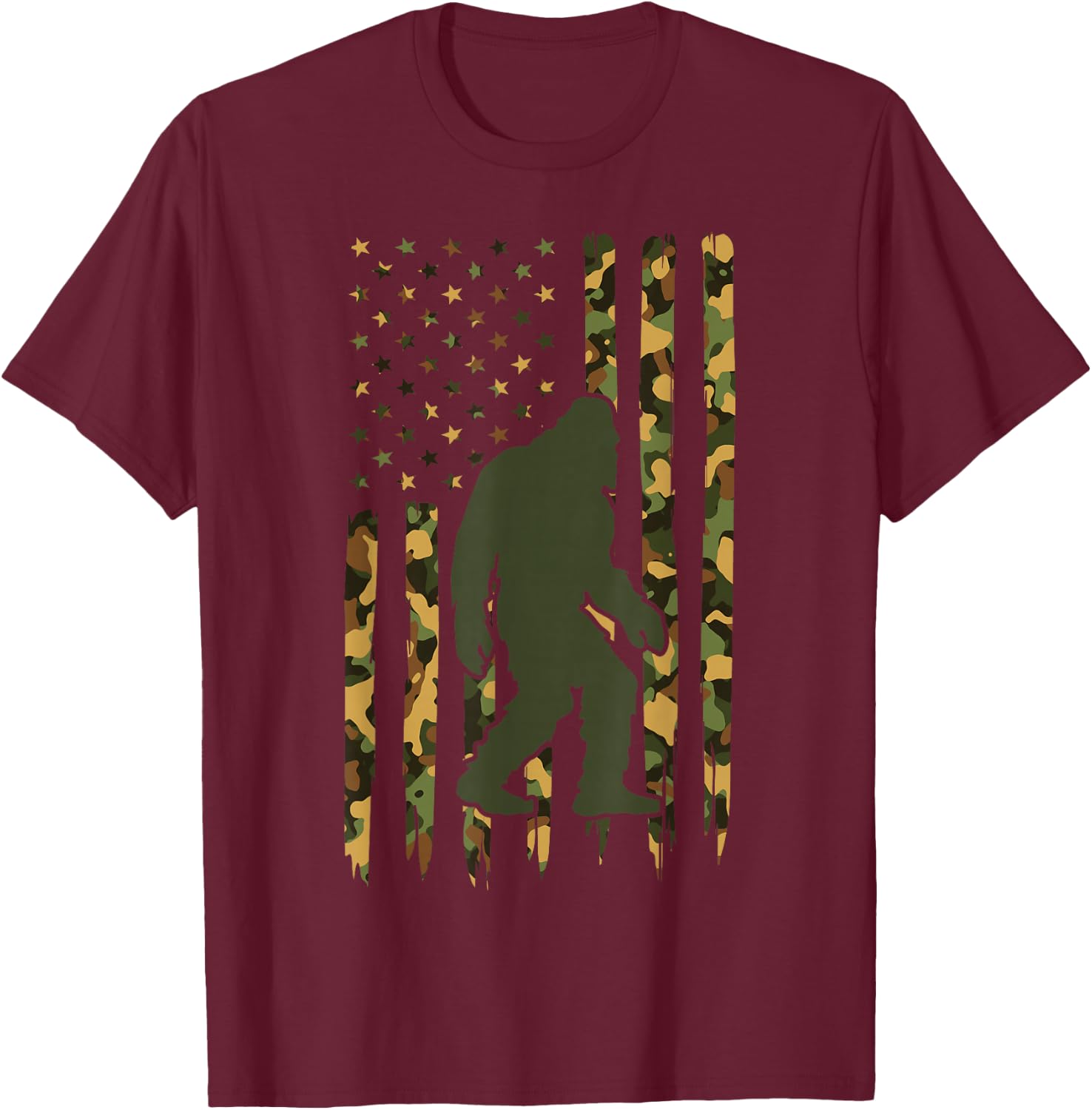 Camo Big Foot Sasquatch - Vintage Bigfoot American Flag T-Shirt - T-Shirt | Maroon