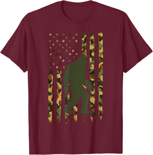 Camo Big Foot Sasquatch - Vintage Bigfoot American Flag T-Shirt - T-Shirt | Maroon