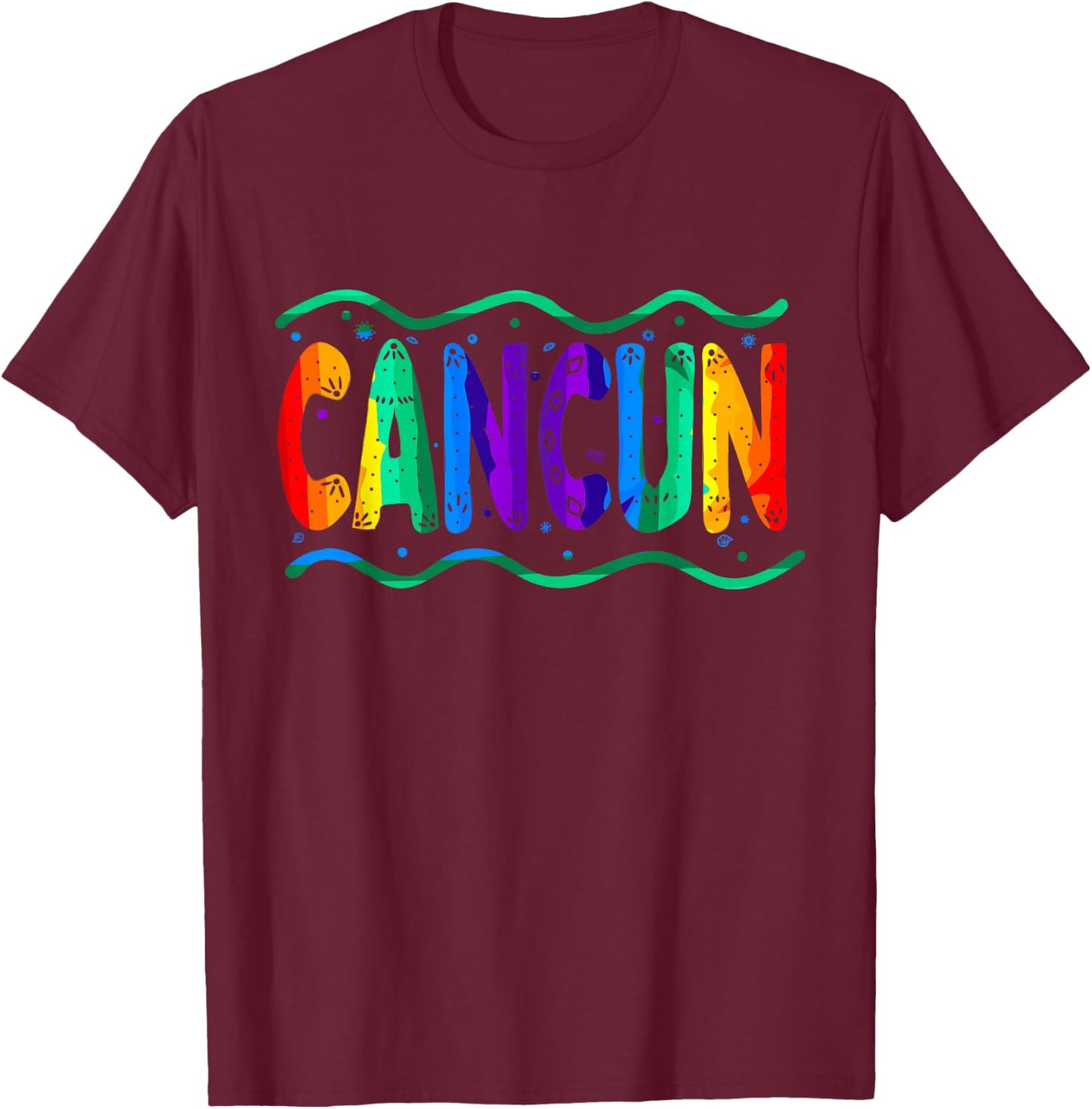 Rainbow Cancun Mexico Typography Ocean Waves T-Shirt - T-Shirt | Maroon