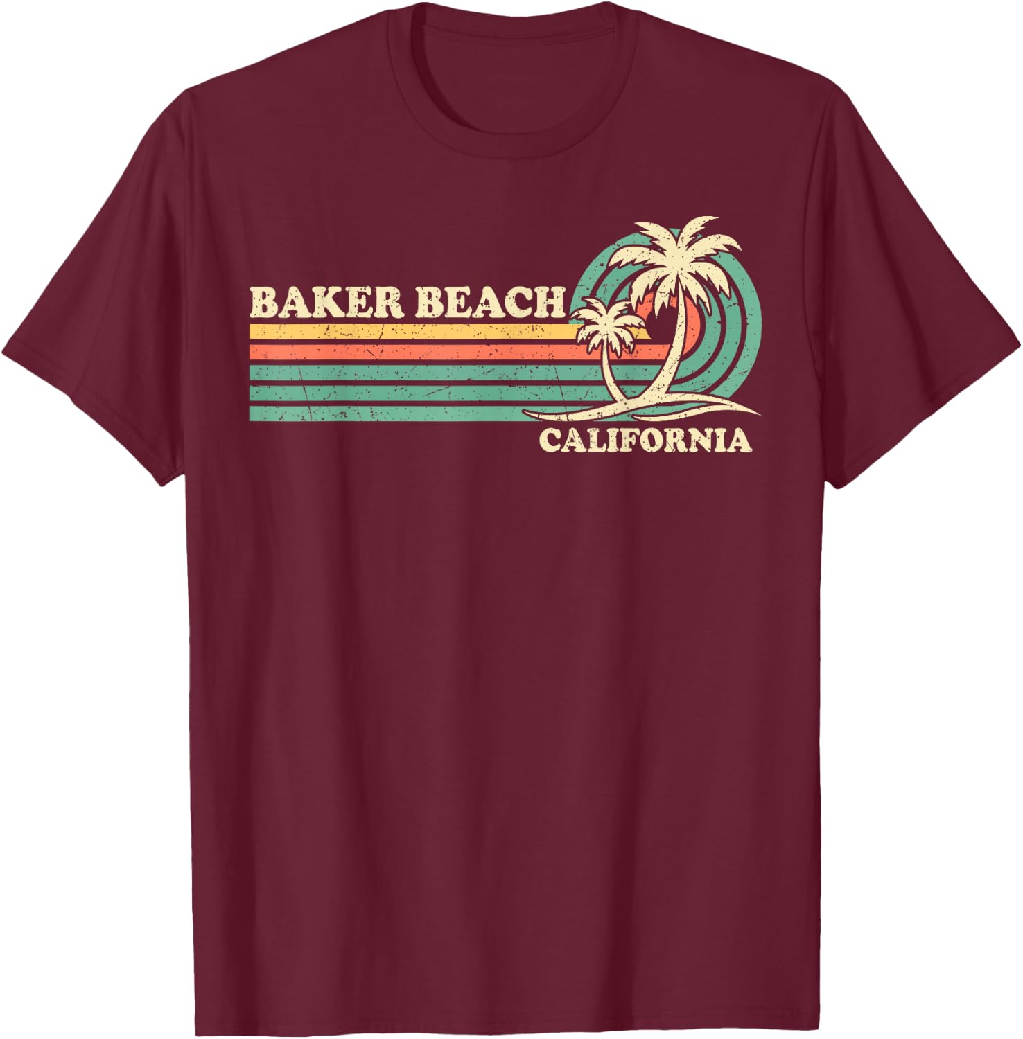 Vintage Retro Summer Vacation California Baker Beach T-Shirt - T-Shirt | Maroon