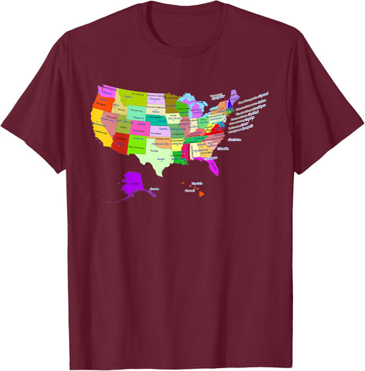 USA map with states and capital cities T-Shirt - T-Shirt | Maroon