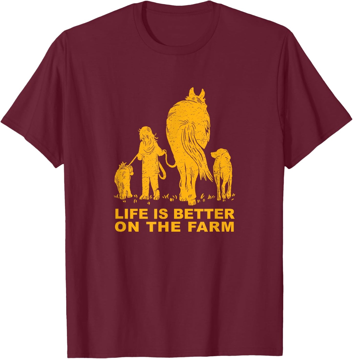 LIFE IS BETTER ON THE FARM - Fun Girl With Horse and Dogs T-Shirt - T-Shirt | Maroon