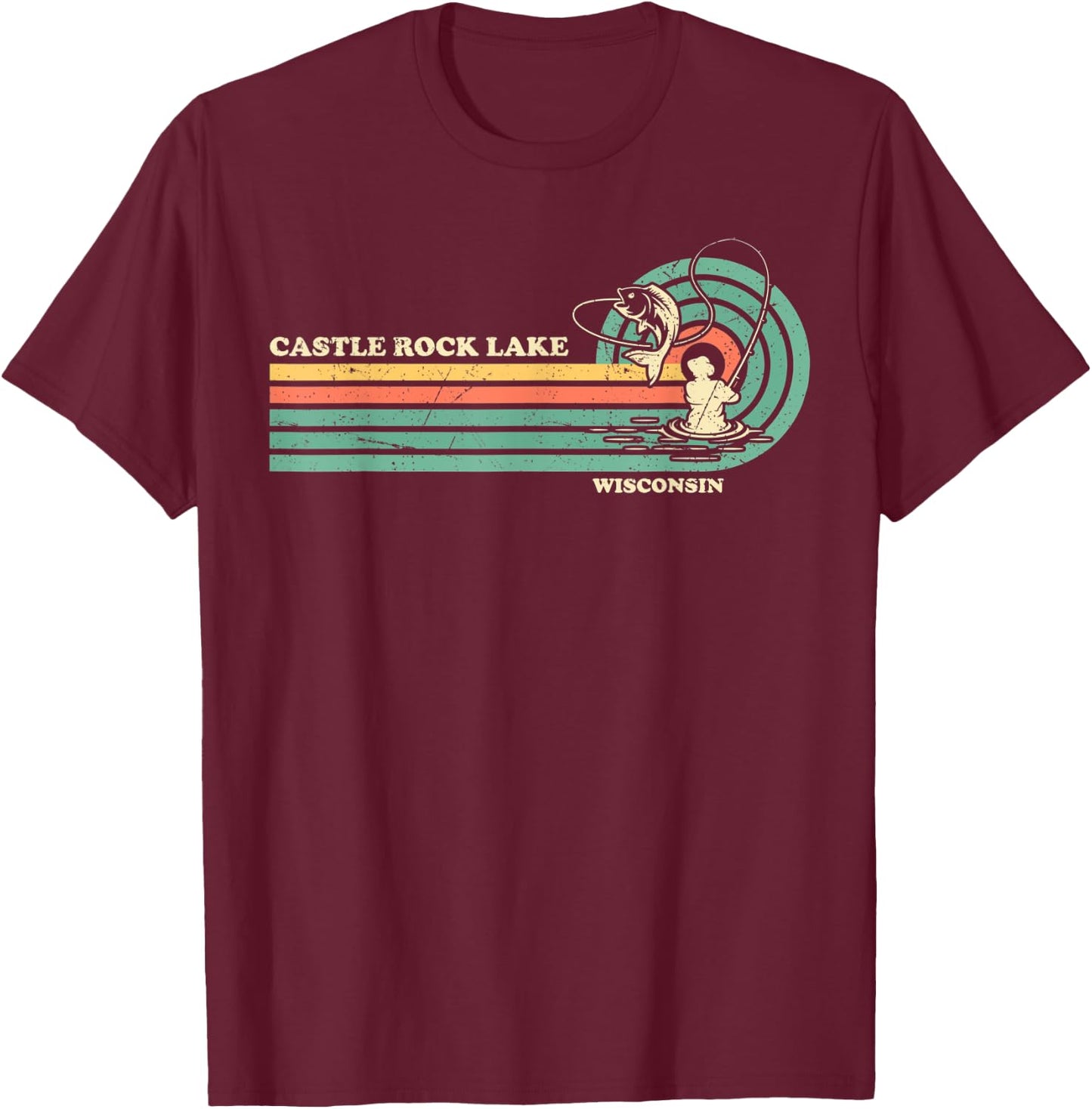 Vintage Retro Summer Fishing Wisconsin Castle Rock Lake T-Shirt - T-Shirt | Maroon