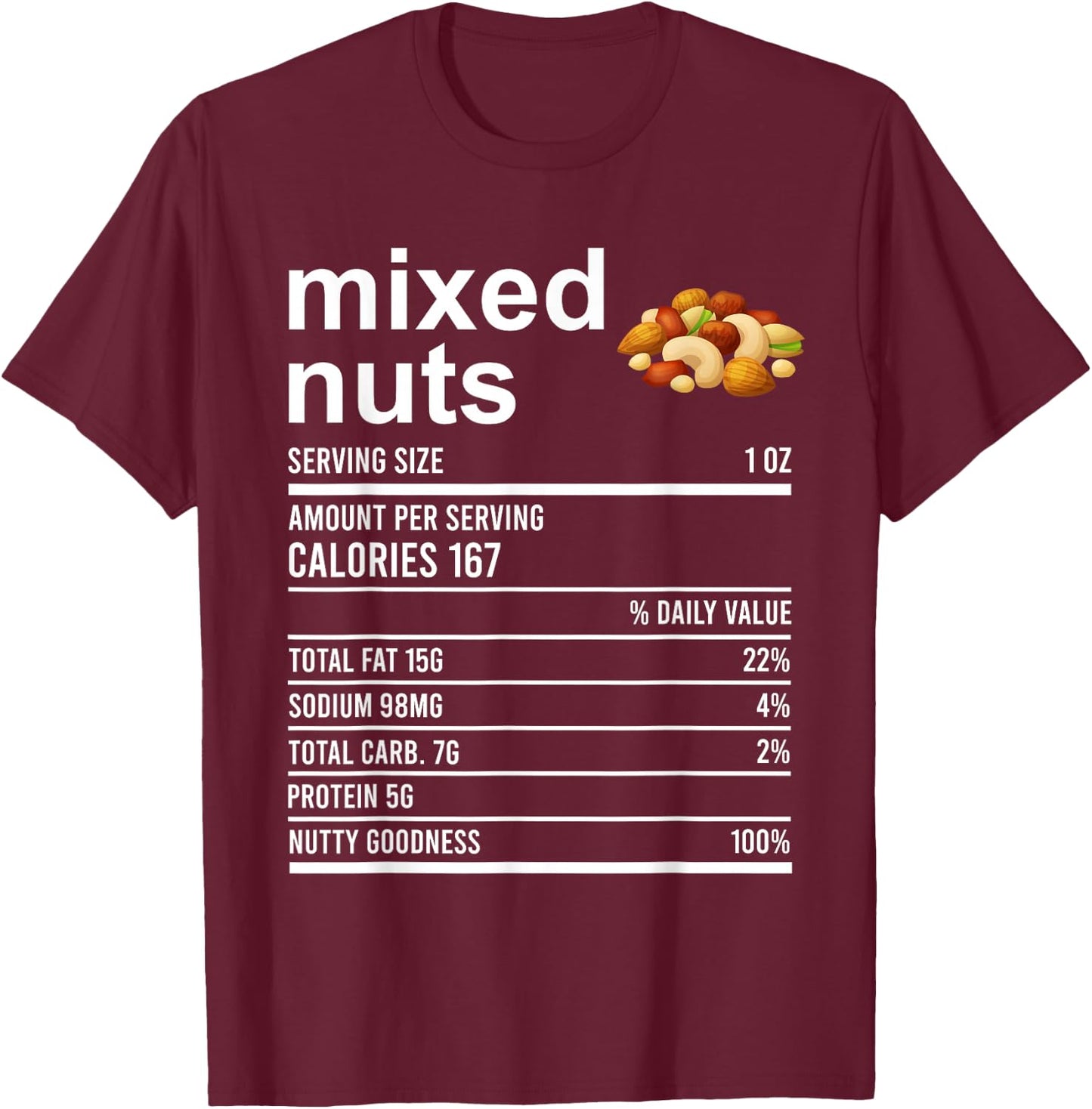 Funny Thanksgiving Food Apparel, Mixed Nuts Nutrition Fact T-Shirt - T-Shirt | Maroon