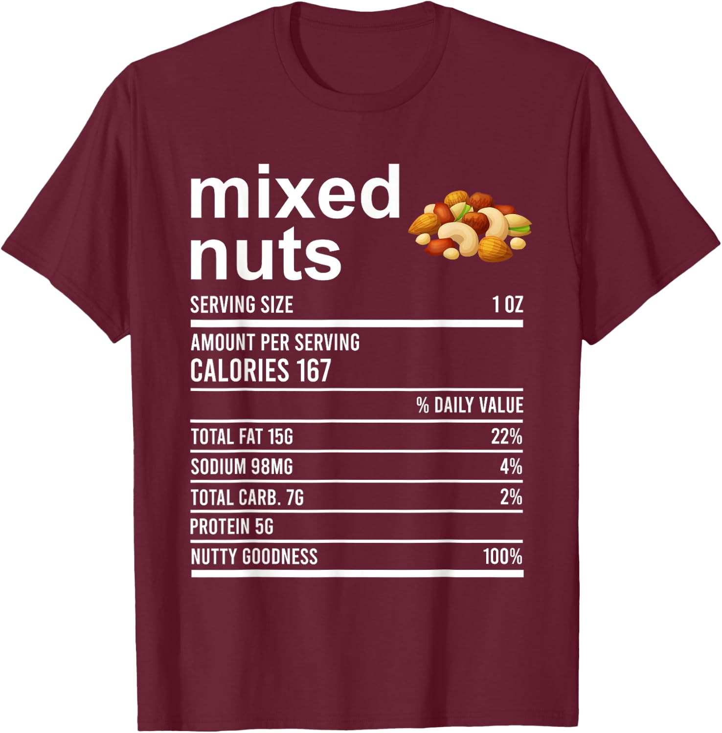 Funny Thanksgiving Food Apparel, Mixed Nuts Nutrition Fact T-Shirt - T-Shirt | Maroon