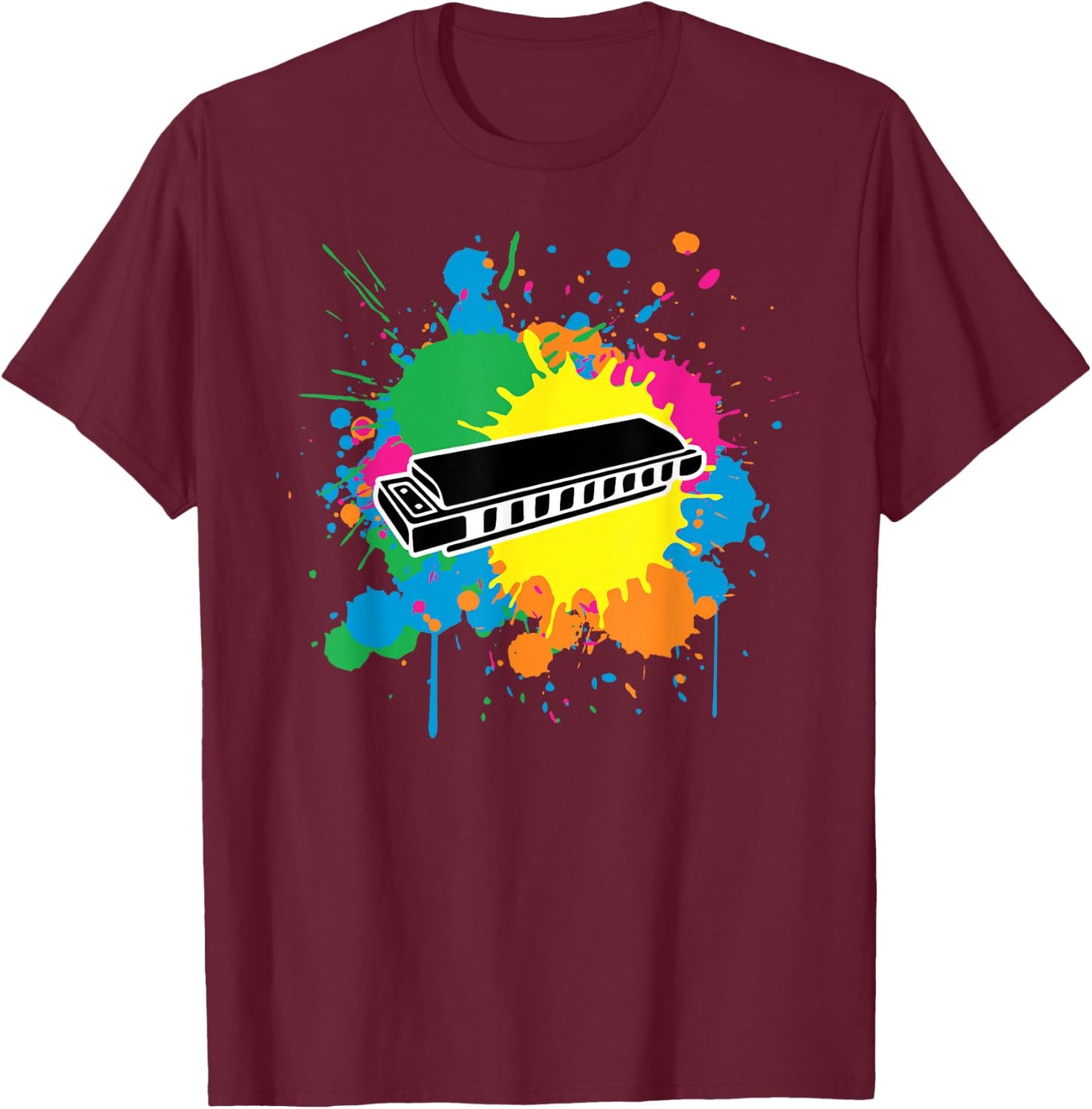 Harmonica Paint Splash Graphic For Harmonica Lovers T-Shirt - T-Shirt | Maroon