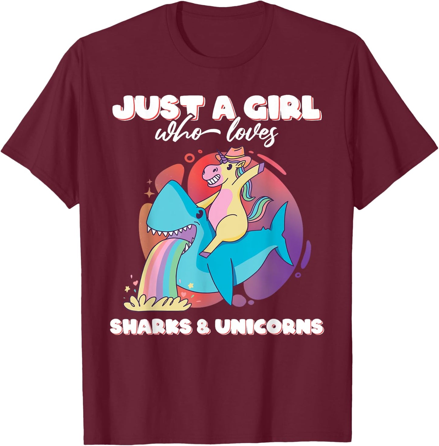 Just a Girl who loves Sharks & Unicorns Girls Ladies Shark T-Shirt - T-Shirt | Maroon