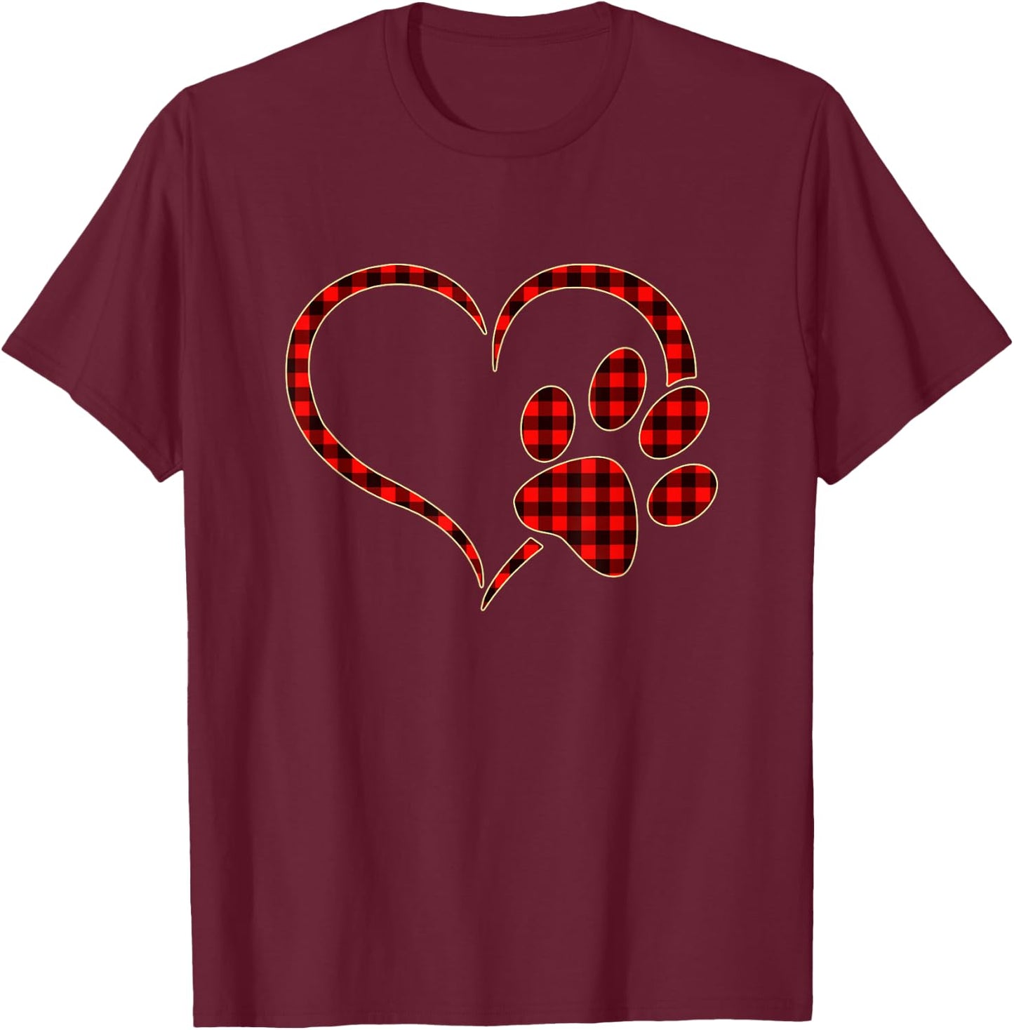 Red Plaid Dog Paw Print Heart Buffalo Matching Pajamas T-Shirt - T-Shirt | Maroon