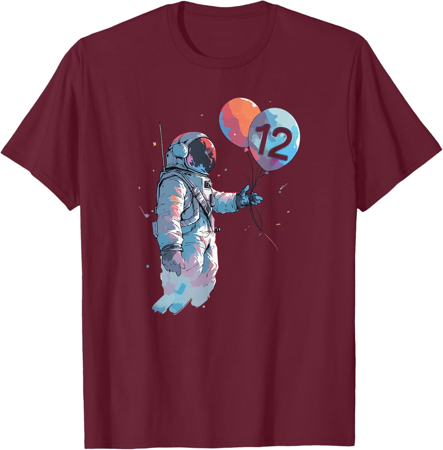 12 Years Old Birthday Boy Cosmonaut Galaxy Balloon Astronaut T-Shirt - T-Shirt | Maroon