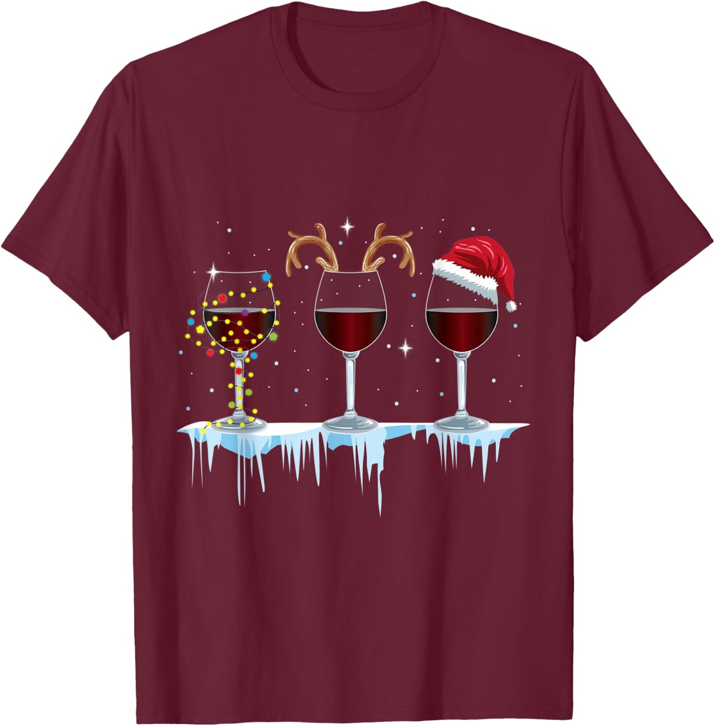 Wine Glasses with Reindeer and Santa and Christmas Lights T-Shirt - T-Shirt | Maroon