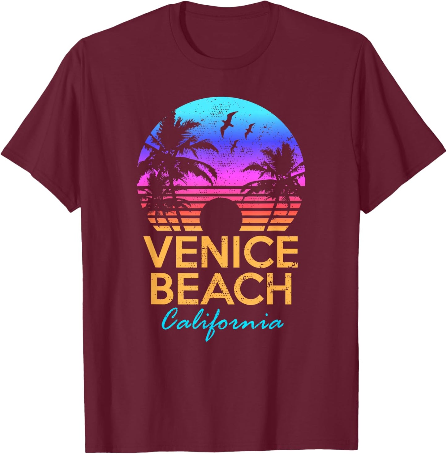 VENICE BEACH CALIFORNIA Retro Sunset Summer Vibes Aesthetic T-Shirt - T-Shirt | Maroon