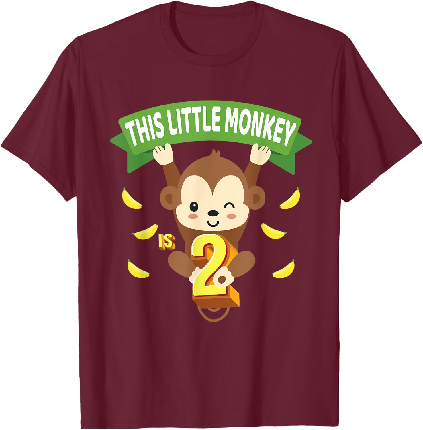 This Little Monkey Is 2 Years Old Kid 2nd Birthday Monkeys T-Shirt - T-Shirt | Maroon