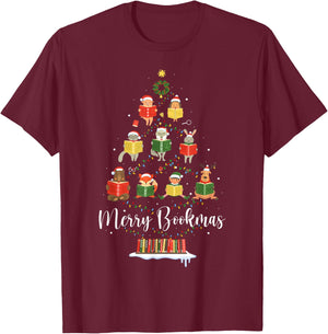 Librarian Book Lover Books Christmas Tree Merry Bookmas Xmas T-Shirt - T-Shirt | Maroon